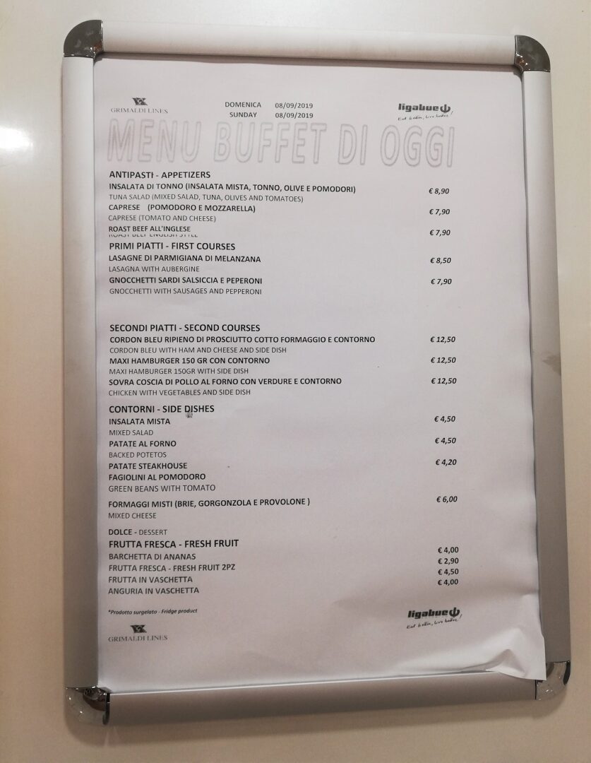 Grimaldi Lines ferry - buffet lunch menu (2019)