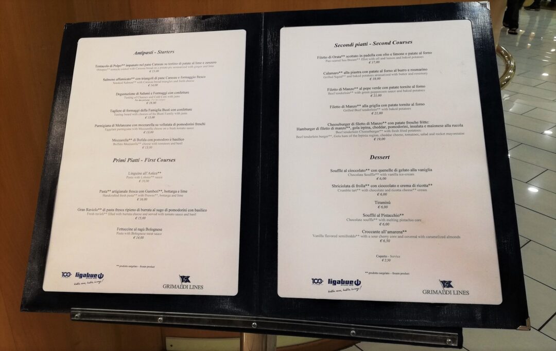 À la carte dinner menu on ferry Zeus Palace (2019)