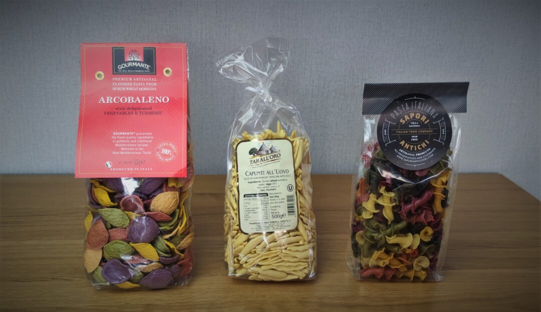 Examples of Italian souvenir pastas- Orecchiette, capunti and trombette